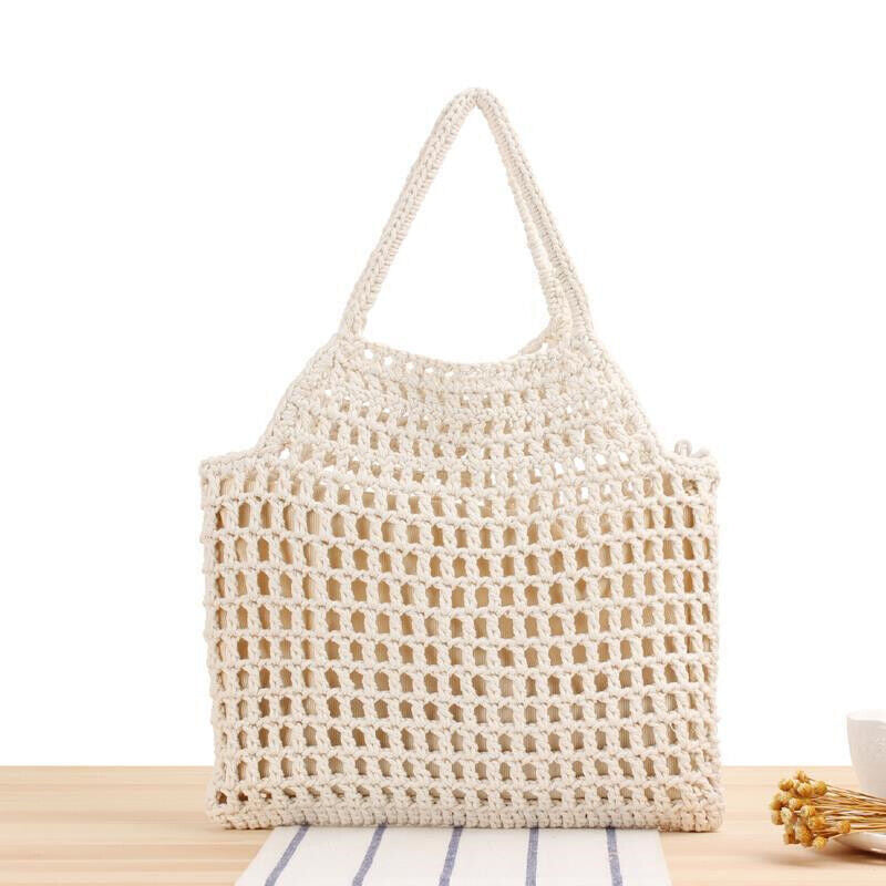 Summer New Mesh Cotton Shopping Bag Hollow Women Beach Straw Bag