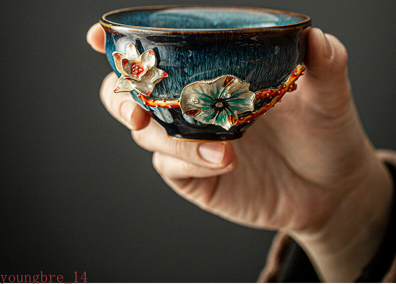 130ml Handmade Enamel Colored Ceramic Teacup Hand Pinch Flower Tea Pair Bowl