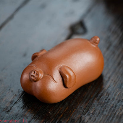 Chinese Yixing Handmade Cute Pig Statue Purple Clay Tea Pet Sculpture Figurine