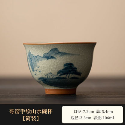 Chinese Ge Kiln Style Tea Cup Crackle Glaze Hand Painted Landscape 106ml