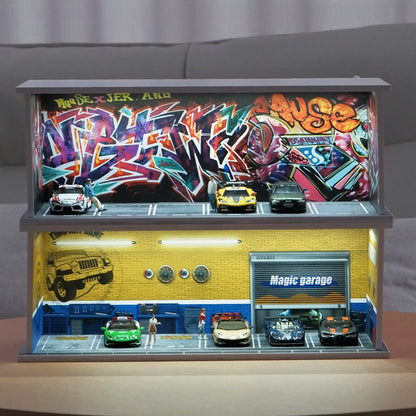 1/64 Car Garage Model LED Lighting Parking Lot Scene Display Diorama Toy Model