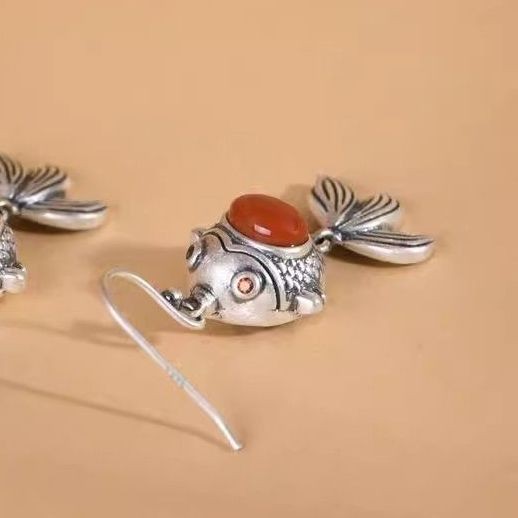 Retro Goldfish Earrings Red Garnet Inlay New Chinese Style Dangle Drops