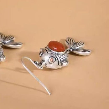 Retro Goldfish Earrings Red Garnet Inlay New Chinese Style Dangle Drops