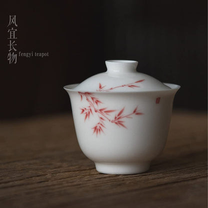 130ml Handmade Gaiwan Teacup Porcelain Bamboo Tureen Kungfu Tea Set
