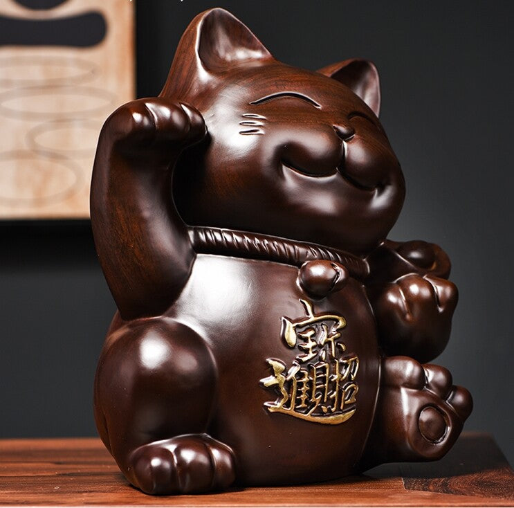 Solid Chinese Ebony Wood Statue Lucky Money Cat Feng Shui Amulet Decor