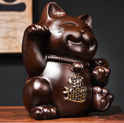 Solid Chinese Ebony Wood Statue Lucky Money Cat Feng Shui Amulet Decor