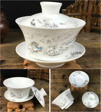 3.7" Chinese Porcelain Tea Set Ceramic Gaiwan Floral Tea Cup Lid Saucer Collect