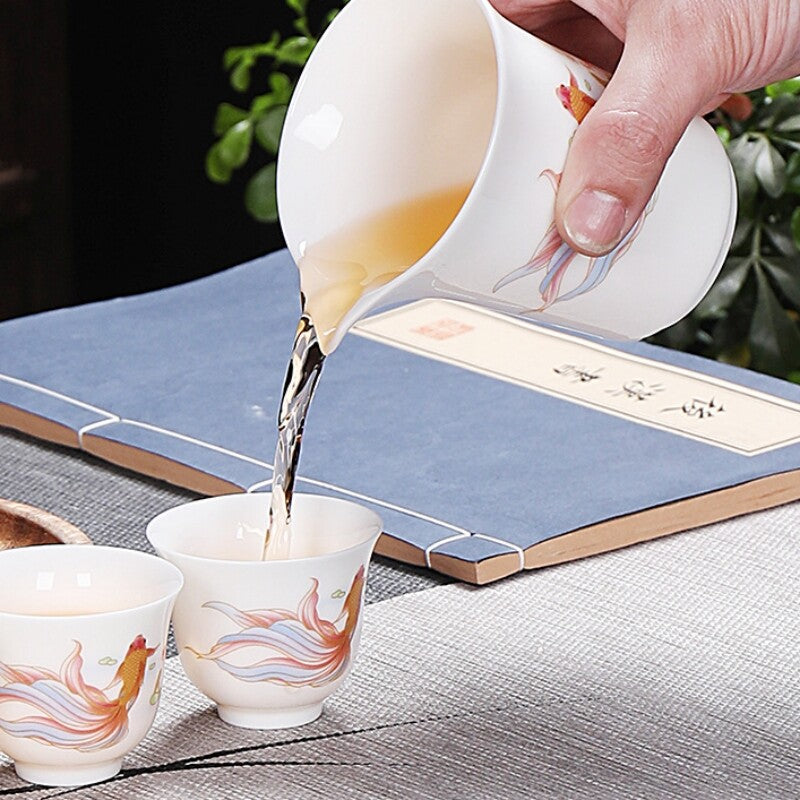 Complete Tea Set Fat Mutton Jade Porcelain Gaiwan Tureen Fish Drawing Tea Cups