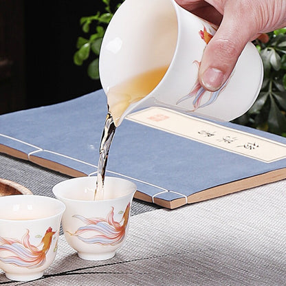 Complete Tea Set Fat Mutton Jade Porcelain Gaiwan Tureen Fish Drawing Tea Cups
