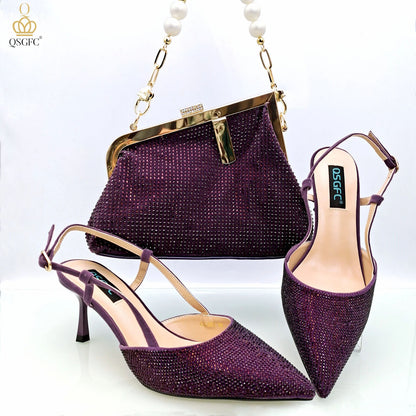 Wine Fashion Bag Shoulder Bag and Strap High Heels Commuter Shoes and Bag