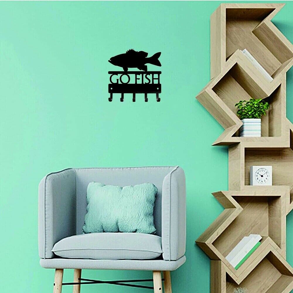 Wall Mounted Hook Up Go Fish Bass Key Rack Hanger Metal Pendant Wall Art Home