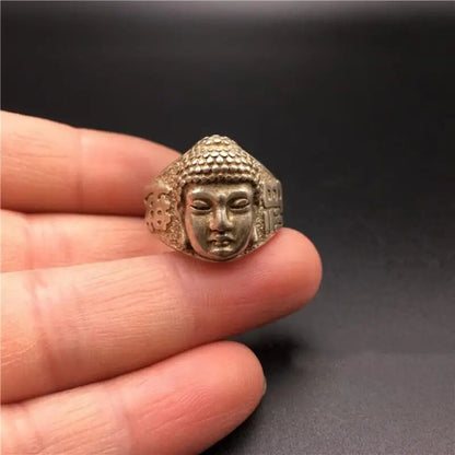Old Chinese Miao Silver Shakyamuni Amitabha Buddha Head Ring Buddhism Statue