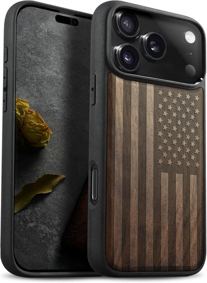 Magnetic Wooden Case for Iphone 17 Pro Max Case, Wood Artisan Engraved & Black S