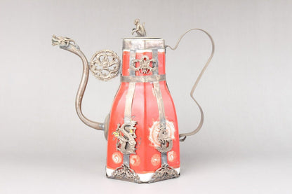 5.3" old Antique China Feng Shui Porcelain inlaid with Tibetan silver Teapot