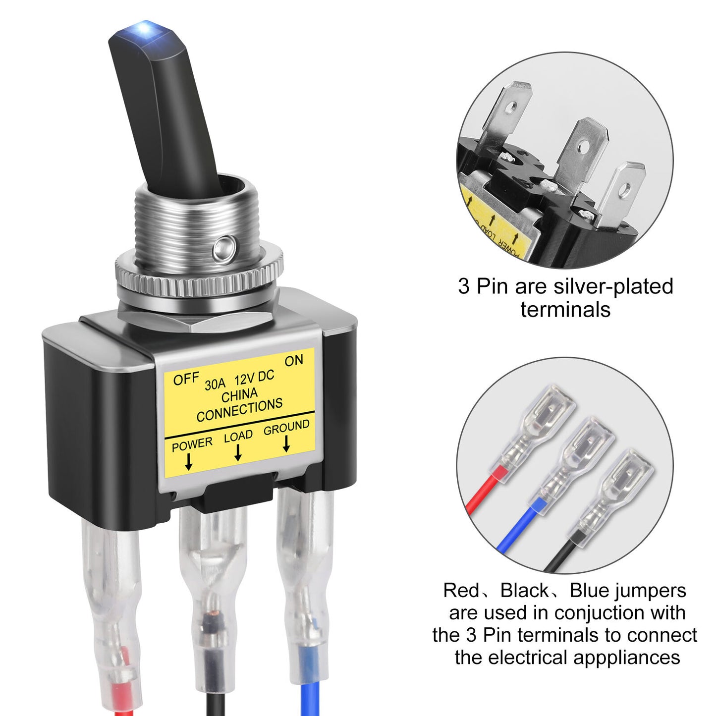 4x Blue LED Light 3Pin Rocker Toggle ON/Off Switch 30A 12V for Car Boat Marine