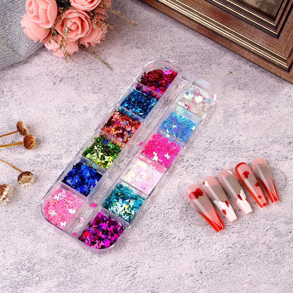 Nail Glitter Polish 12 Grids Colorful Mirror Effect Shimmer Pearl Powder Pigment