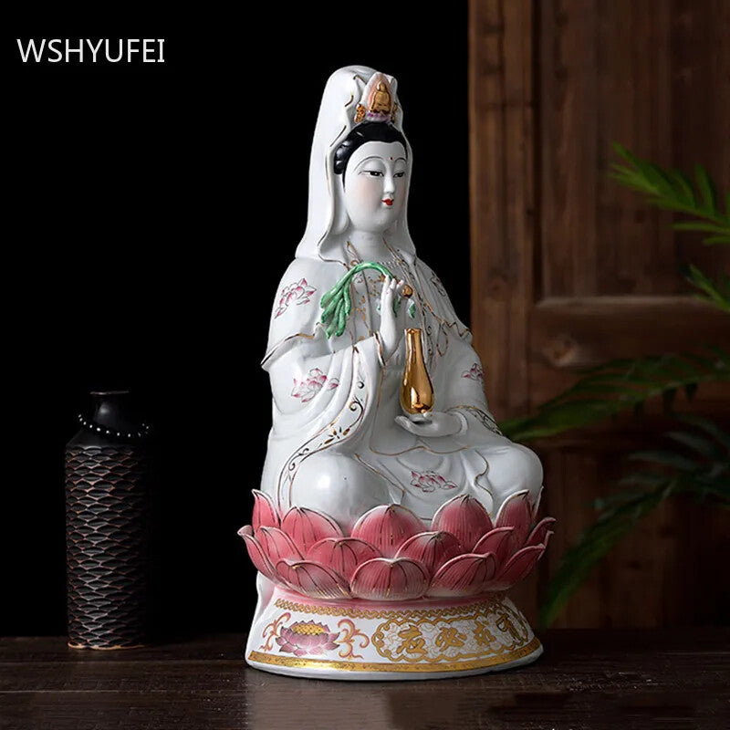 Ceramic Sitting Lotus Nanhai Guanyin Ornaments Buddha Statue Worship Tradition