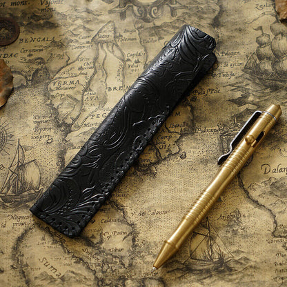 Portable Real Leather Pen Protector Bag Holder Pencil Case Handmade Carved Gifts