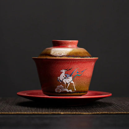 Deer Gaiwan for Tea Ceramic Tureen with Lid Teaware Chinese Red Tea Bowl Chawan