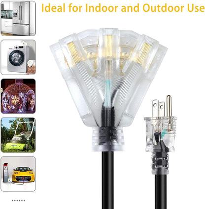 1FT 12/3 Extension Cord Heavy Duty Black 3-Outlet Indoor/Outdoor SJTW Lighted 12