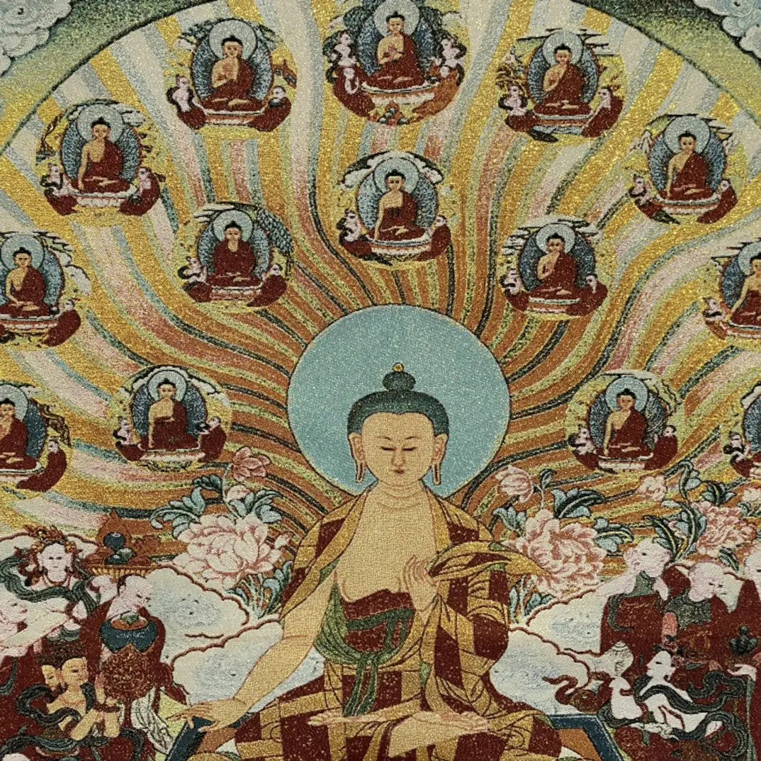 35" Tibetan Buddhism Embroidery Parinirvana Sitting Buddha Shakyamuni Thangka