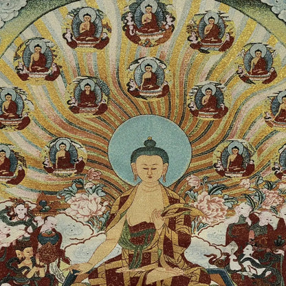 35" Tibetan Buddhism Embroidery Parinirvana Sitting Buddha Shakyamuni Thangka