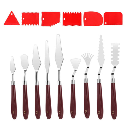 Professional Palette Knives Set 15pcs w/Scrapers Stainless Steel Wood Handle