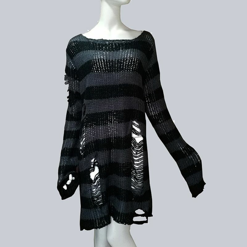 Unisex Sweater Plus Size Punk Long Dress Hollow Hole Broken Jumper Loose Thin