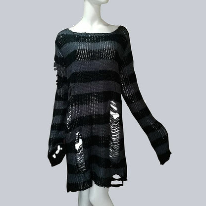 Unisex Sweater Plus Size Punk Long Dress Hollow Hole Broken Jumper Loose Thin