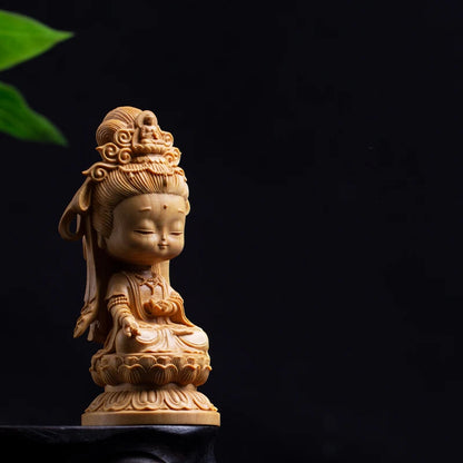 New Woodcarving Guanyin Cartoon Statue Hand Carving Solid Wood Buddhist Statue