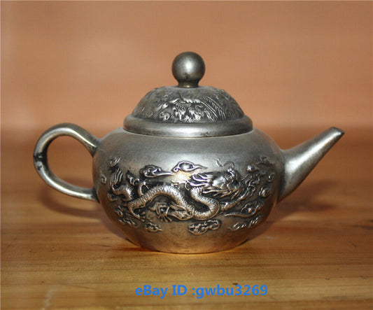 Collect Rare Chinese Old Tibet Silver Hand Carved Phoenix Dragon Teapot 20736