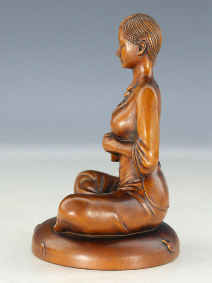 Rare Chinese Exquisite Handmade Beauty Carving Boxwood Statue Figure Art Collect
