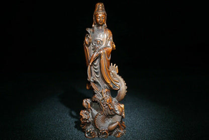 Antique Boxwood Carved Kwan Yin Statue Dragon Thinking Woman Art Wood Sculpture
