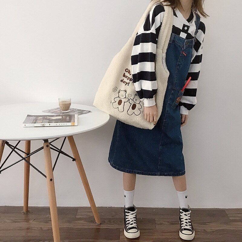 Canvas Purse Shoulder Bag Bear Embroider Crossbody Handbag Casual Shopper Bag
