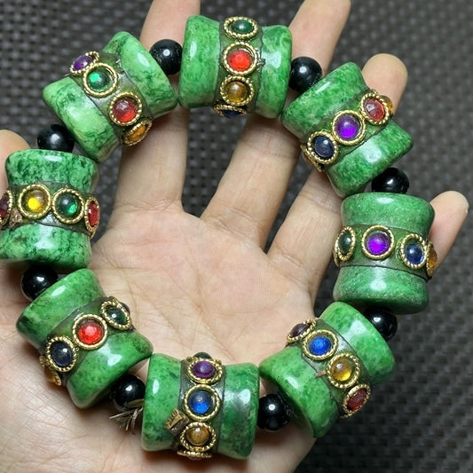 China Tibetan Natural Old Jade Collection Big Beads Green Bracelet Lucky Gift