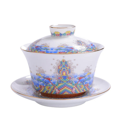 240ml Chinese Ceramic Gaiwan Enamel Sancai Gaiwan Large Single Teacup
