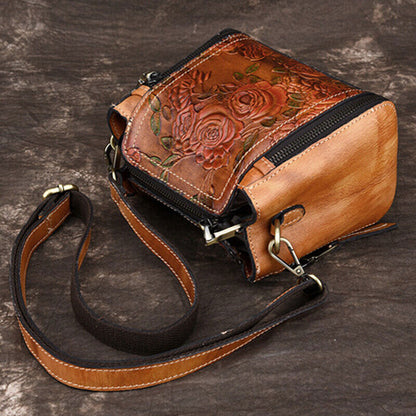 Genuine Leather Floral Embroidered Vintage Handbag Women's Tote Shoulder Bags