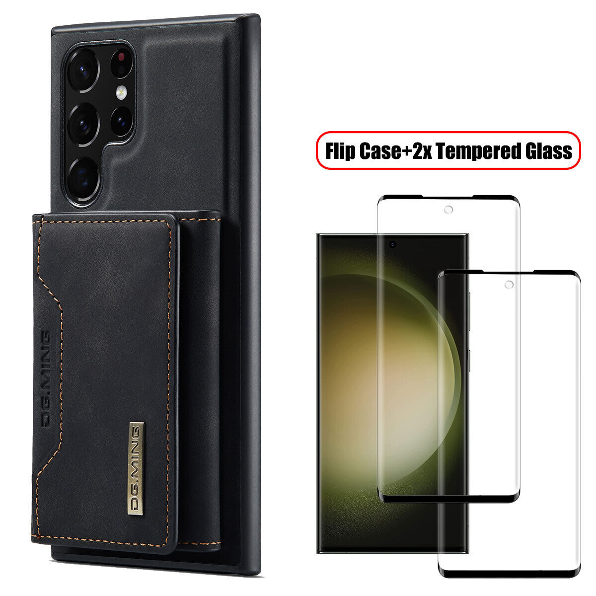 For Samsung Galaxy S23 Plus Leather Case Cover Wallet Card Holder Tempered Glass