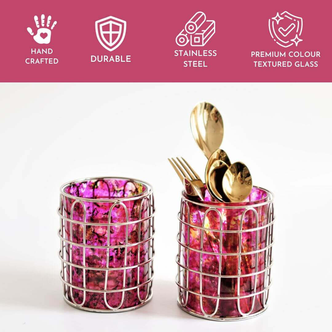 Set of 2 Stainless Steel (Silver Color) and Pink Glass Silverware Holders