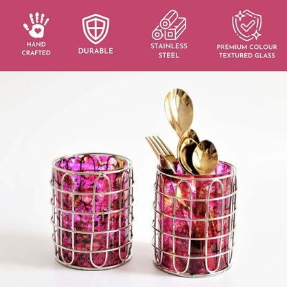 Set of 2 Stainless Steel (Silver Color) and Pink Glass Silverware Holders