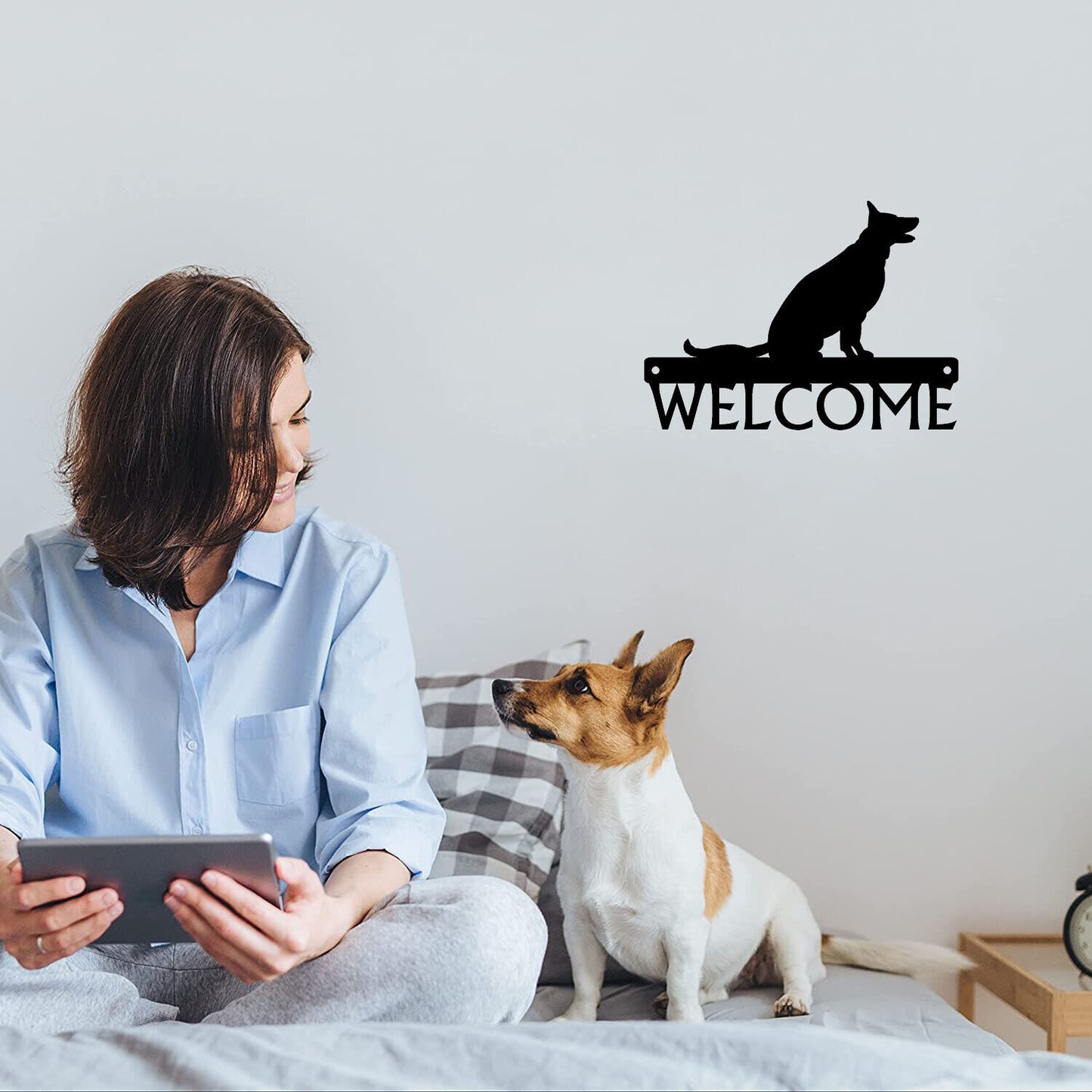 Sitting German Shepherd Dog Welcome Sign - 12 inch Wide Metal Wall Art