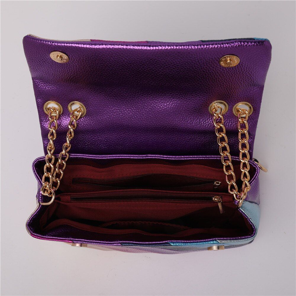 Rainbow Stitching Synthetic Handbag Metallic Chain Strap Crossbody Bag 27*9*17CM