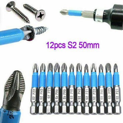 12Pcs 50mm S2 Steel Single-Sided Hexagonal Shank Magnetic Screwdriver Bit Set