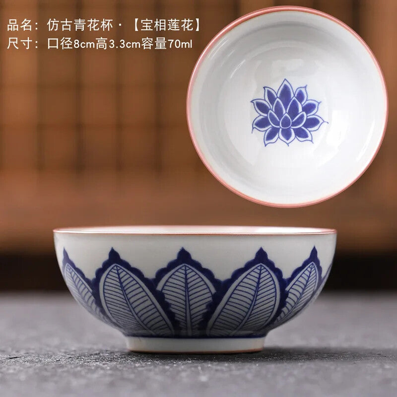 Blue and White Porcelain Tea Cups Retro Fish Dargon Master Cup Puer Tea Bowl