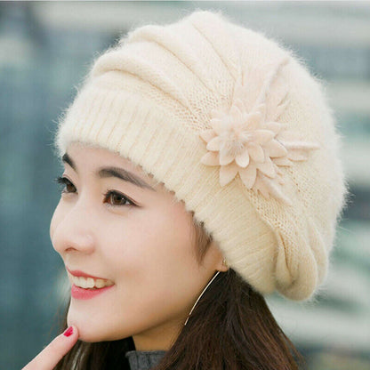 Women Winter Warm Baggy Beanie Beret Knit Flower Crochet Hat Casual Cap Gifts