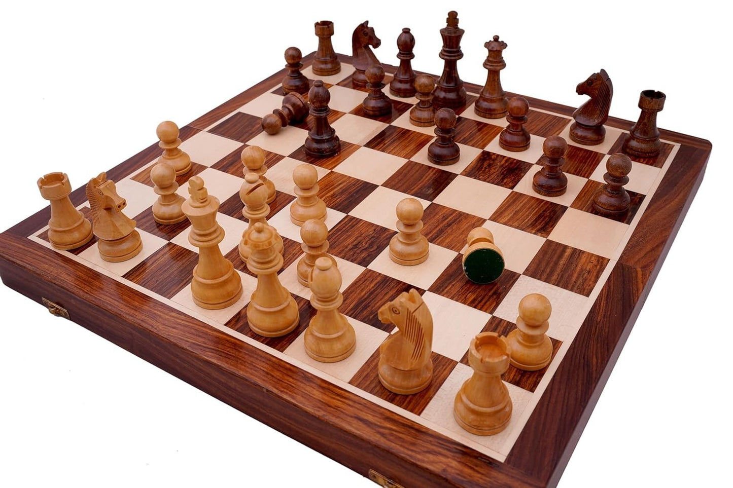 18" x 18" Wooden Magnetic Folding Travel Chess Board Game Set with 2 Extra Queen