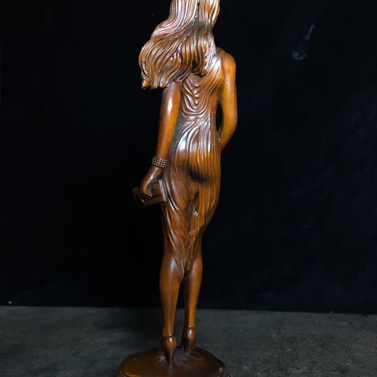 8.7" Old Boxwood Carved Beauty Lady Girl Statue Figurine Model Artwork Collect
