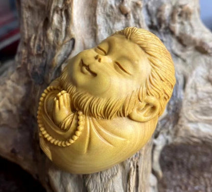 Boxwood Carved Monkey King Statue Carving Figurine Buddha Zen Decor Gift