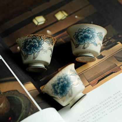 Handpainted Gaiwan Teacup Pitcher Ceramic Peony Print Master Cup Tureen Fair Cup