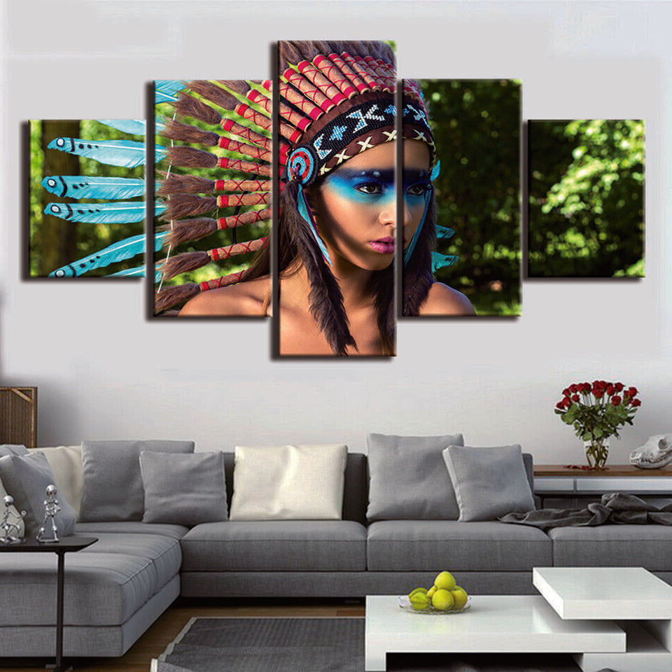 Indians Woman Headdress Feathers Canvas Prints Painting Wall Art Home Decor 5PCS